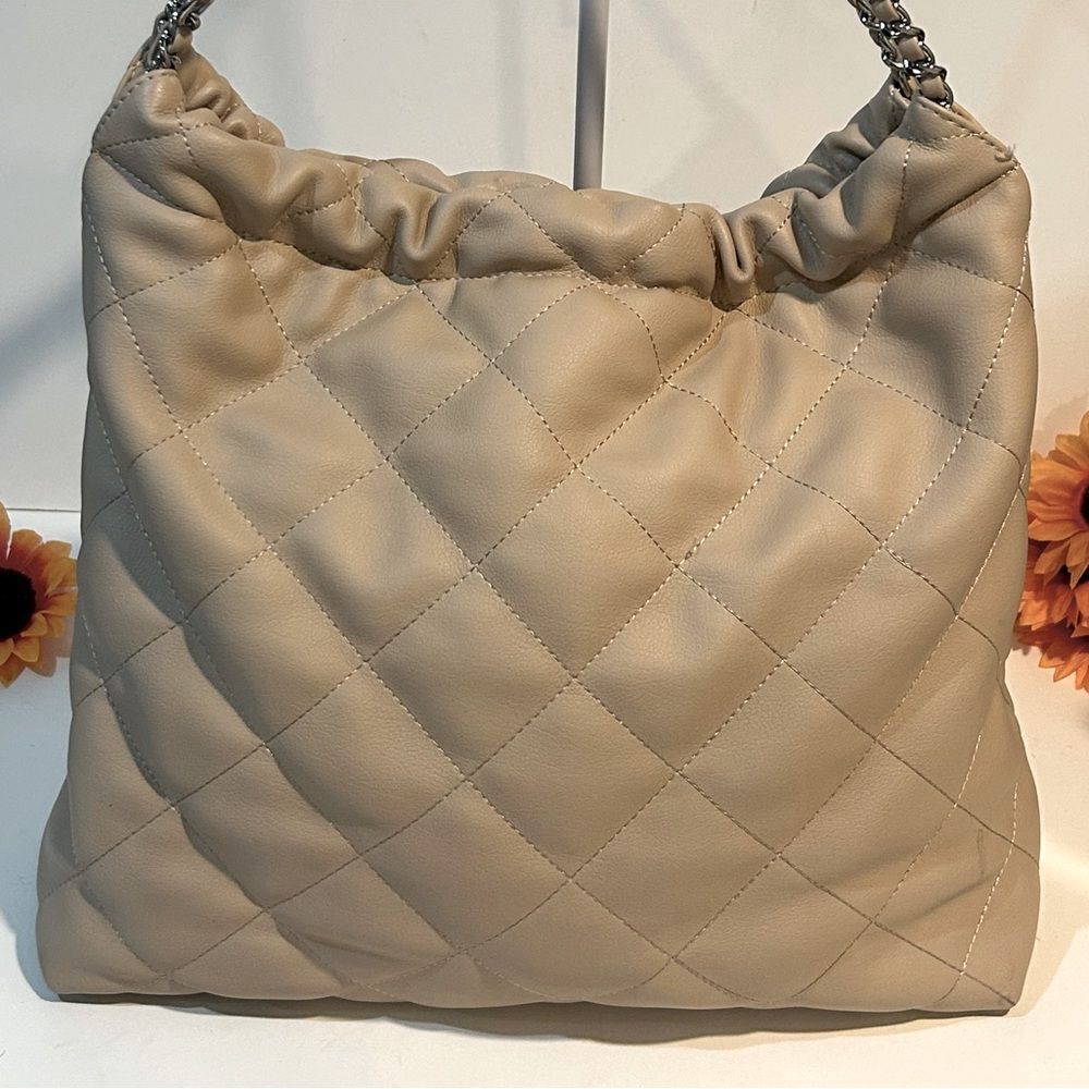 INC International Concepts Tan Quilted Chain Shoulder Bag Hobo Tote - Picture 6 of 13